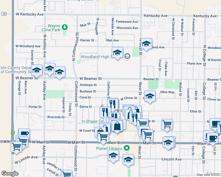 map of restaurants, bars, coffee shops, grocery stores, and more near 74 Buckeye Street in Woodland