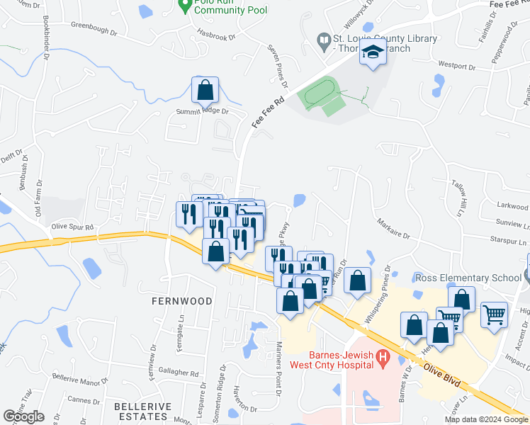 map of restaurants, bars, coffee shops, grocery stores, and more near 1224 Fern Ridge Parkway in St. Louis