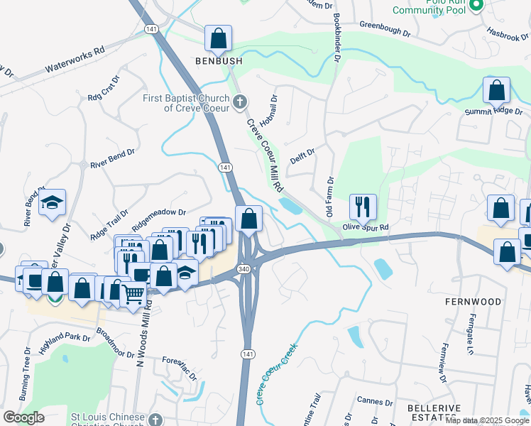 map of restaurants, bars, coffee shops, grocery stores, and more near 1231 Creve Coeur Crossing Lane in Chesterfield