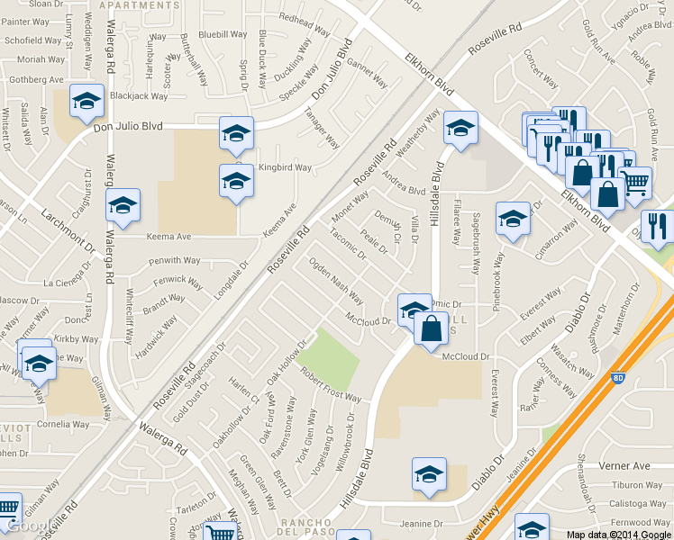 map of restaurants, bars, coffee shops, grocery stores, and more near 6236 Jack London Circle in Sacramento