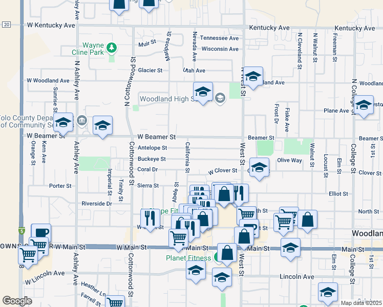 map of restaurants, bars, coffee shops, grocery stores, and more near 74 Buckeye Street in Woodland