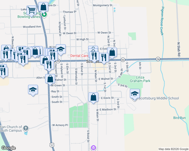 map of restaurants, bars, coffee shops, grocery stores, and more near 261 South Main Street in Scottsburg
