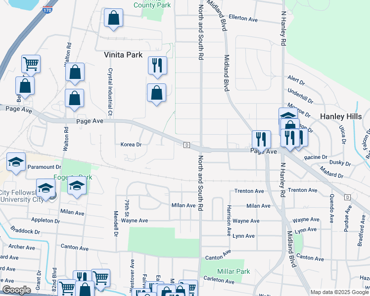 map of restaurants, bars, coffee shops, grocery stores, and more near 8310 Page Avenue in Saint Louis