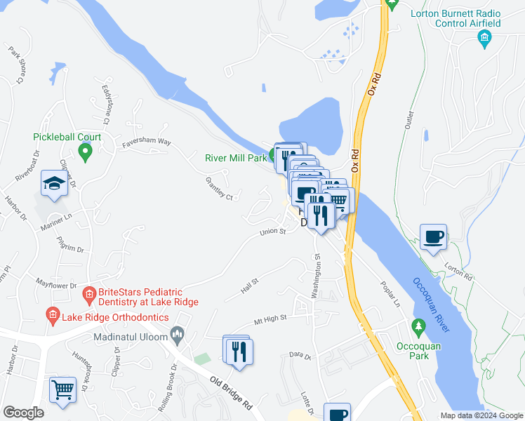 map of restaurants, bars, coffee shops, grocery stores, and more near 319 Overlook Drive in Woodbridge