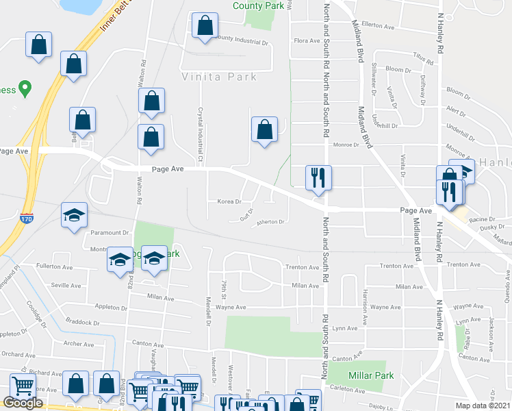 map of restaurants, bars, coffee shops, grocery stores, and more near 8448 Korea Drive in St. Louis