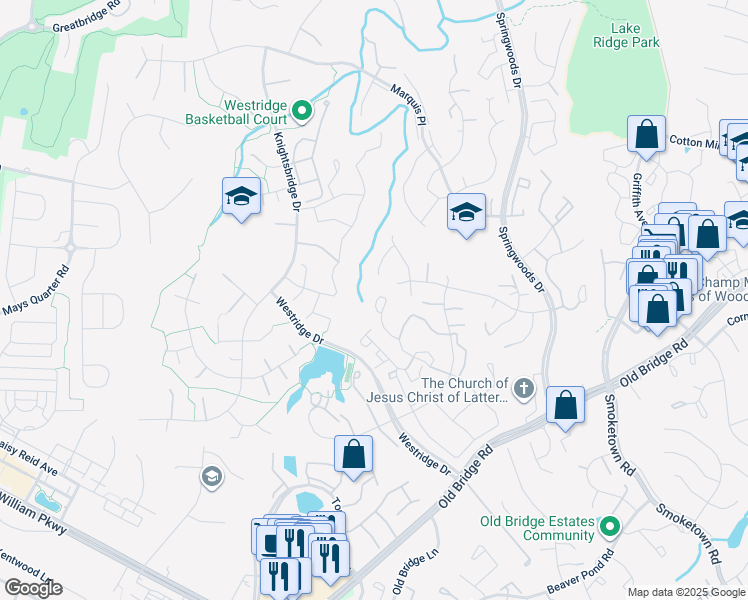 map of restaurants, bars, coffee shops, grocery stores, and more near 4013 Farrington Court in Woodbridge