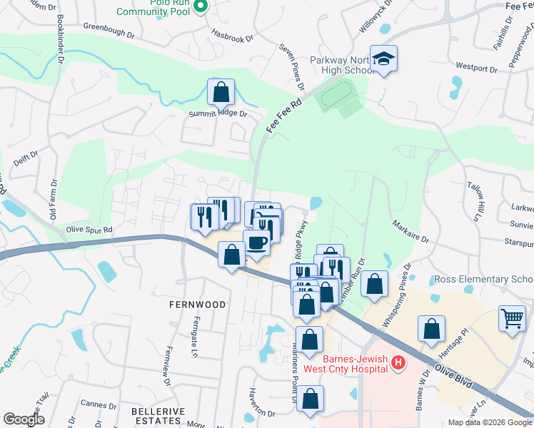 map of restaurants, bars, coffee shops, grocery stores, and more near 12818 Portulaca Drive in St. Louis