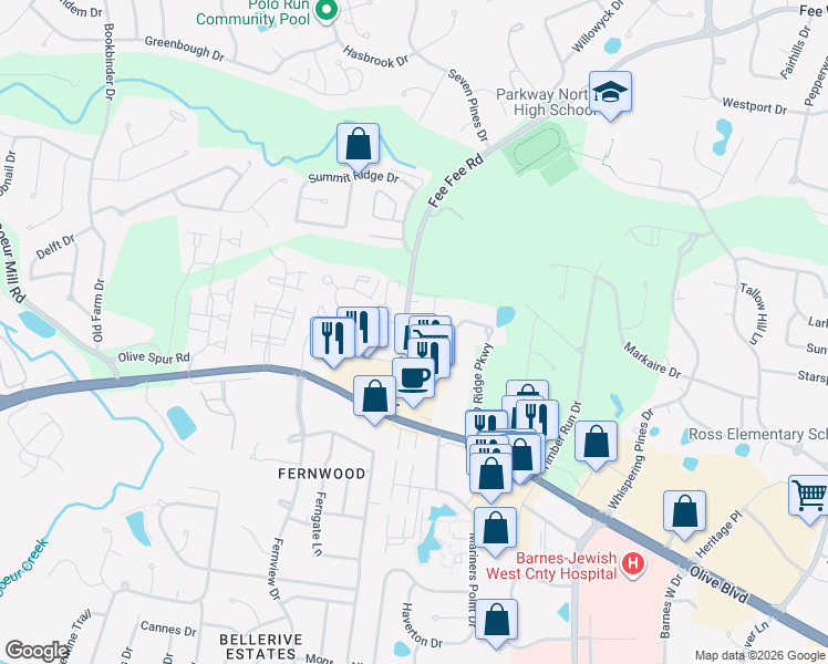 map of restaurants, bars, coffee shops, grocery stores, and more near 12818 Portulaca Drive in St. Louis