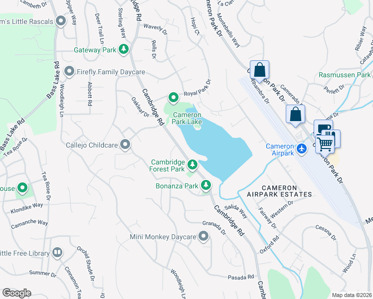 map of restaurants, bars, coffee shops, grocery stores, and more near 3065 Cambridge Road in Cameron Park