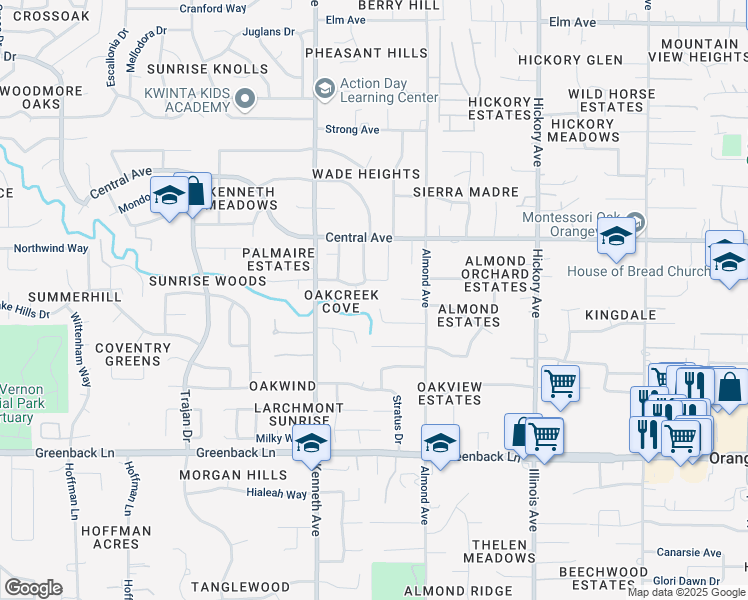 map of restaurants, bars, coffee shops, grocery stores, and more near 8555 Almond Oaks Court in Orangevale