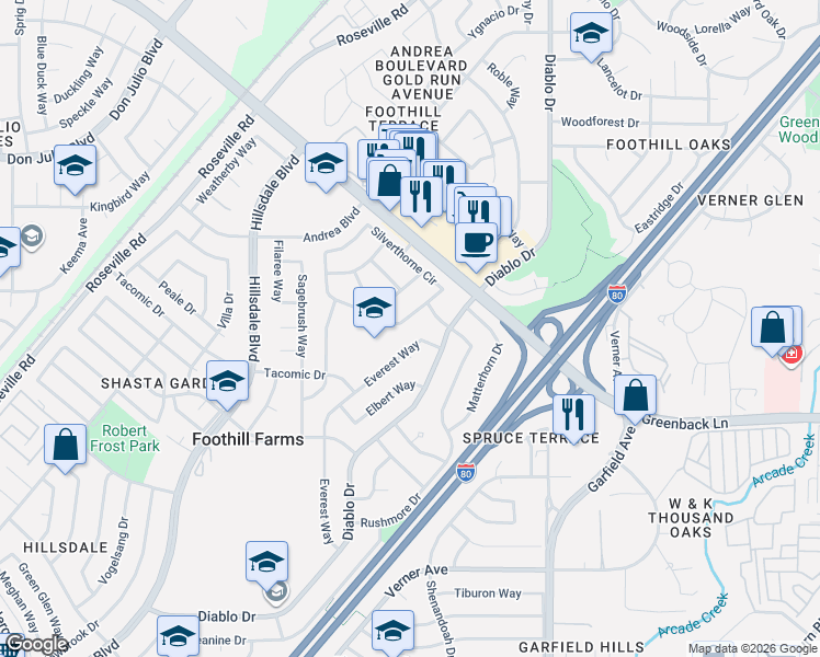 map of restaurants, bars, coffee shops, grocery stores, and more near 6441 Everest Way in Sacramento
