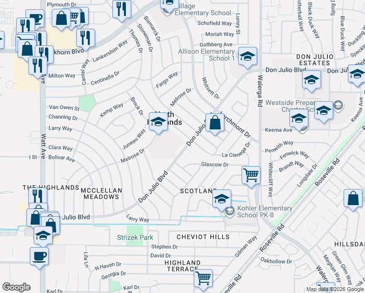map of restaurants, bars, coffee shops, grocery stores, and more near in North Highlands