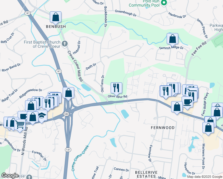 map of restaurants, bars, coffee shops, grocery stores, and more near 1204 Oldfarm Drive in St. Louis