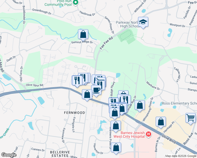 map of restaurants, bars, coffee shops, grocery stores, and more near 12818 Portulaca Drive in St. Louis