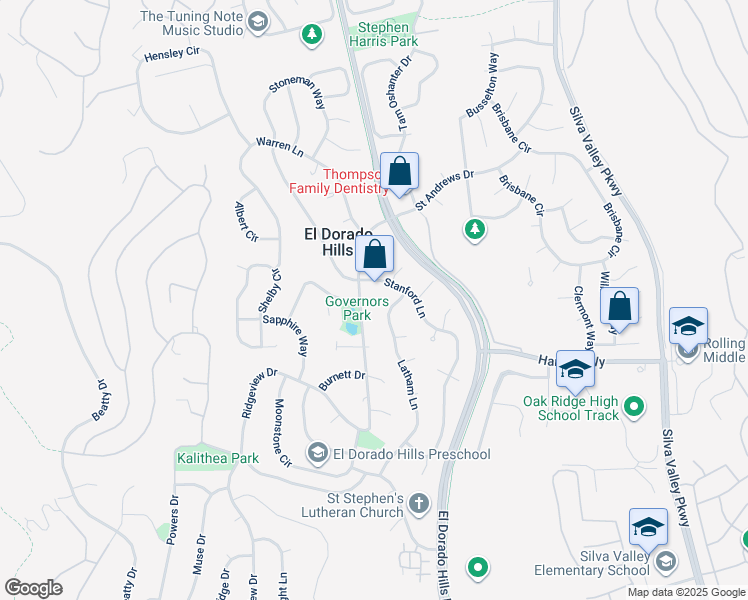 map of restaurants, bars, coffee shops, grocery stores, and more near 912 Governor Drive in El Dorado Hills