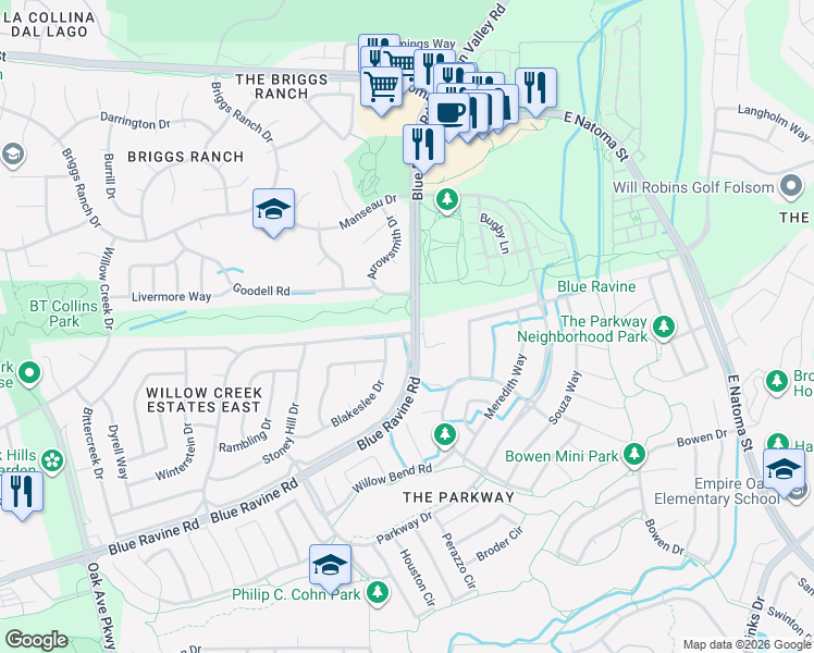 map of restaurants, bars, coffee shops, grocery stores, and more near 153 Blakeslee Drive in Folsom