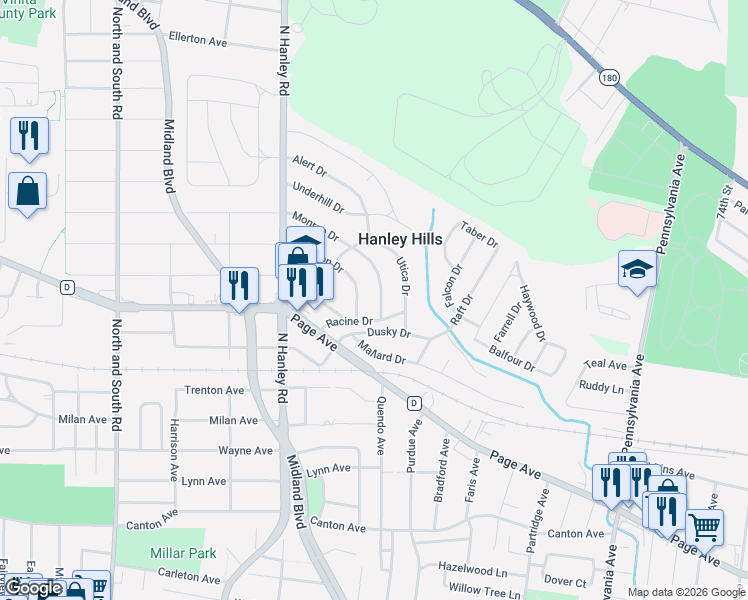 map of restaurants, bars, coffee shops, grocery stores, and more near 7817 Madison Drive in St. Louis