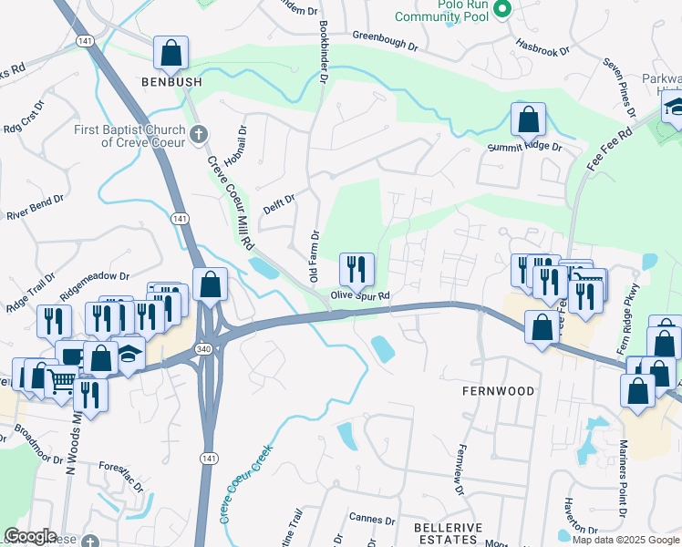 map of restaurants, bars, coffee shops, grocery stores, and more near 13157 Olive Spur Road in St. Louis