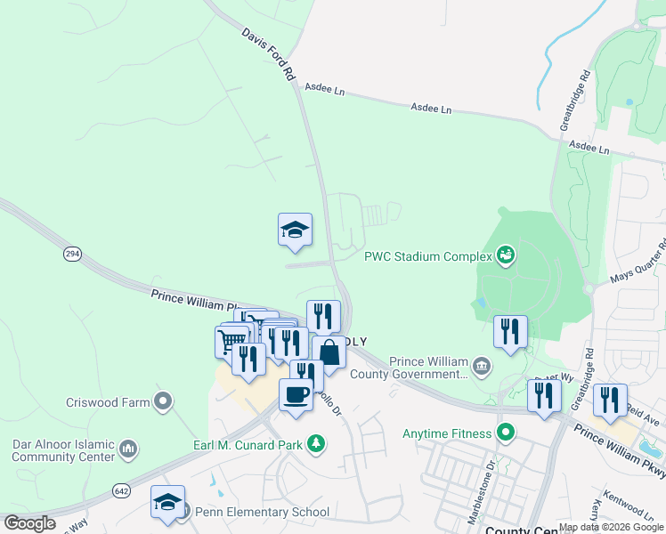 map of restaurants, bars, coffee shops, grocery stores, and more near 5022 Davis Ford Road in Woodbridge