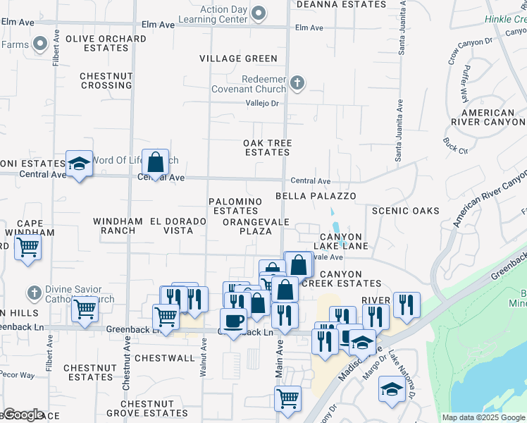 map of restaurants, bars, coffee shops, grocery stores, and more near 6519 Main Avenue in Orangevale
