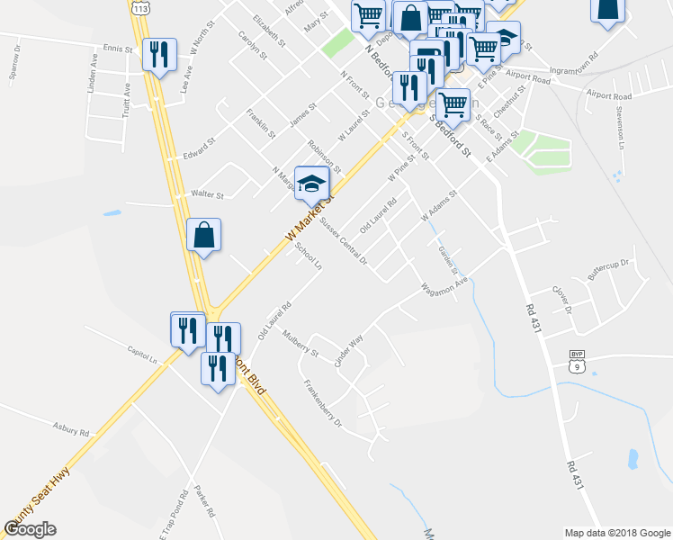 map of restaurants, bars, coffee shops, grocery stores, and more near 301 West Market Street in Georgetown