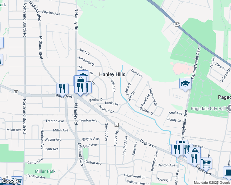 map of restaurants, bars, coffee shops, grocery stores, and more near 7733 Utica Drive in St. Louis