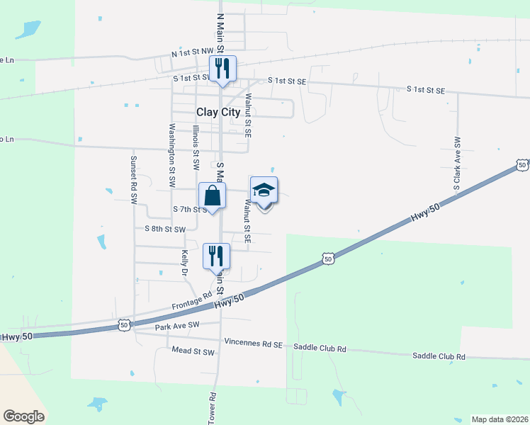 map of restaurants, bars, coffee shops, grocery stores, and more near 200-298 S 8th Street Southeast in Clay City