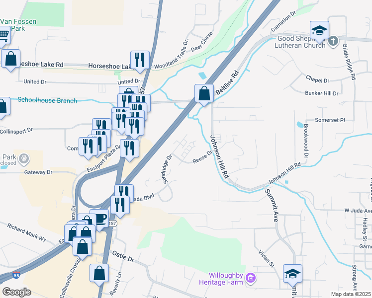 map of restaurants, bars, coffee shops, grocery stores, and more near 616 Reese Drive in Collinsville