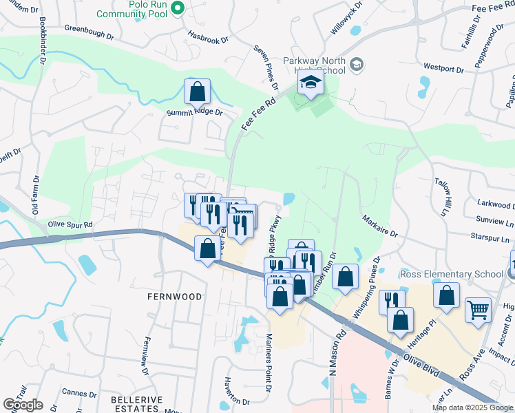 map of restaurants, bars, coffee shops, grocery stores, and more near 12842 Portulaca Drive in Saint Louis