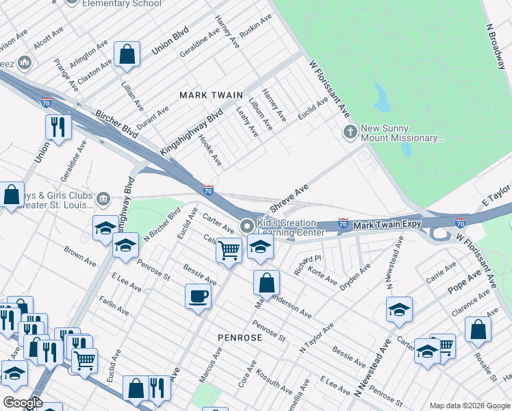 map of restaurants, bars, coffee shops, grocery stores, and more near 5011 Shreve Avenue in Saint Louis