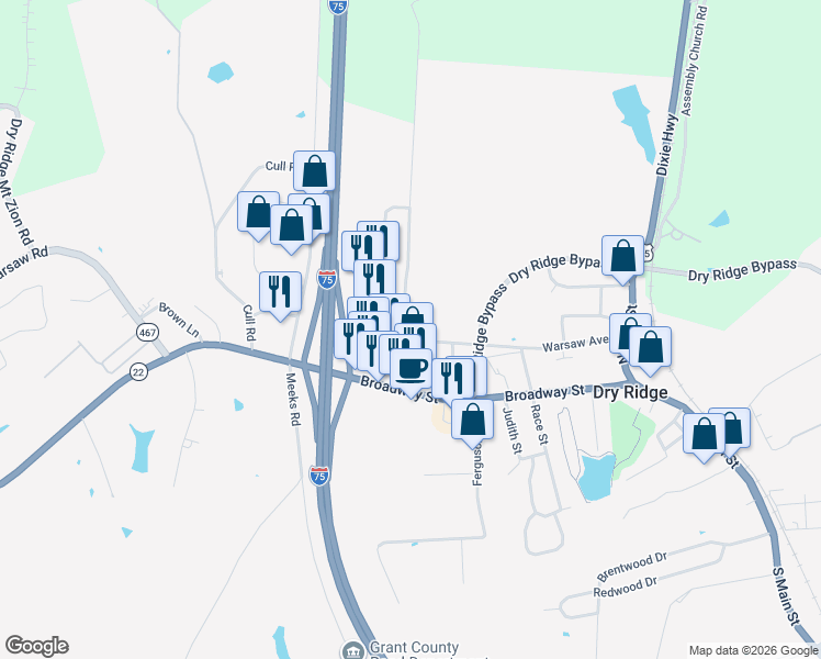 map of restaurants, bars, coffee shops, grocery stores, and more near 275 McCoy Road in Dry Ridge