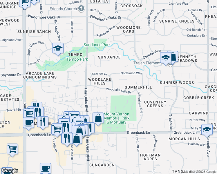 map of restaurants, bars, coffee shops, grocery stores, and more near 8171 Woodlake Hills Drive in Orangevale