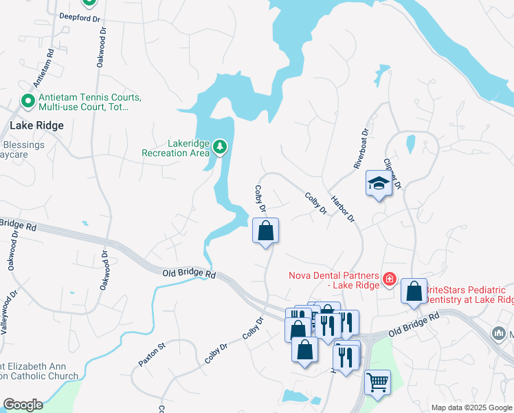 map of restaurants, bars, coffee shops, grocery stores, and more near 12414 Colby Drive in Woodbridge
