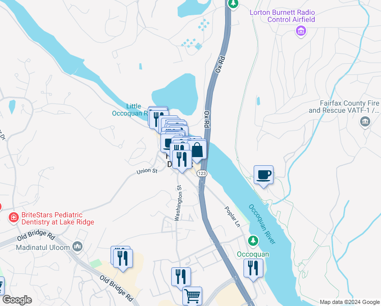 map of restaurants, bars, coffee shops, grocery stores, and more near 254 Gaslight Landing Court in Occoquan
