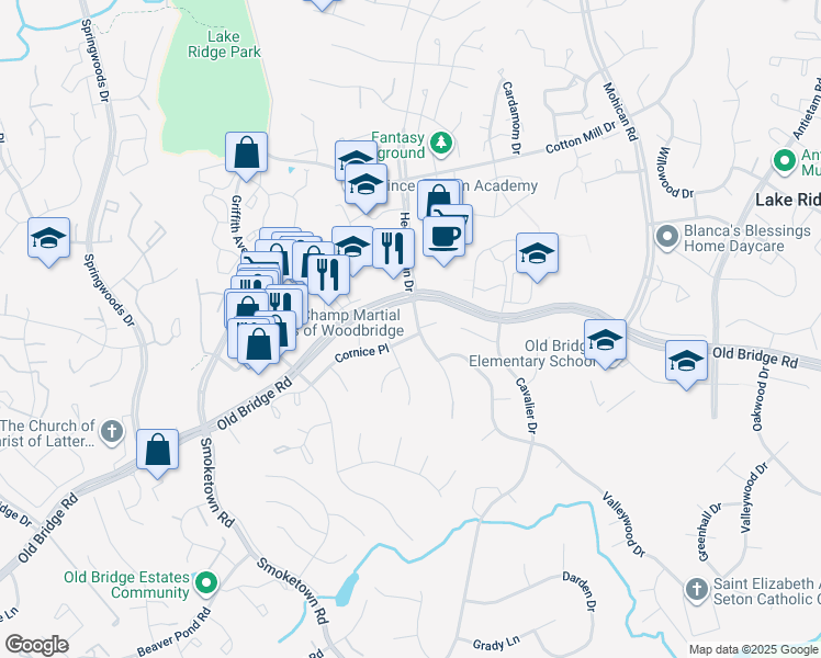 map of restaurants, bars, coffee shops, grocery stores, and more near 12470 Hedges Run Drive in Woodbridge