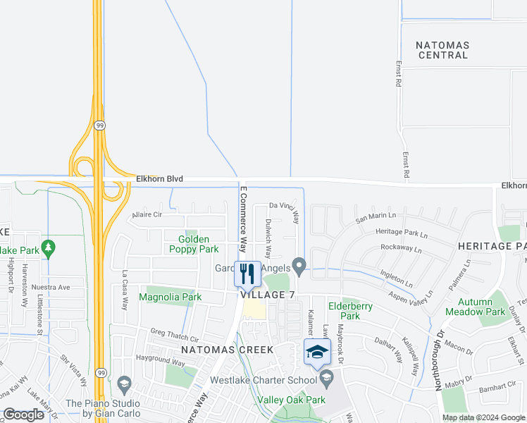 map of restaurants, bars, coffee shops, grocery stores, and more near 5909 Dulwich Way in Sacramento