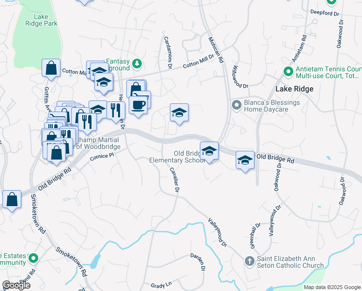 map of restaurants, bars, coffee shops, grocery stores, and more near 12504 Cassandra Court in Woodbridge