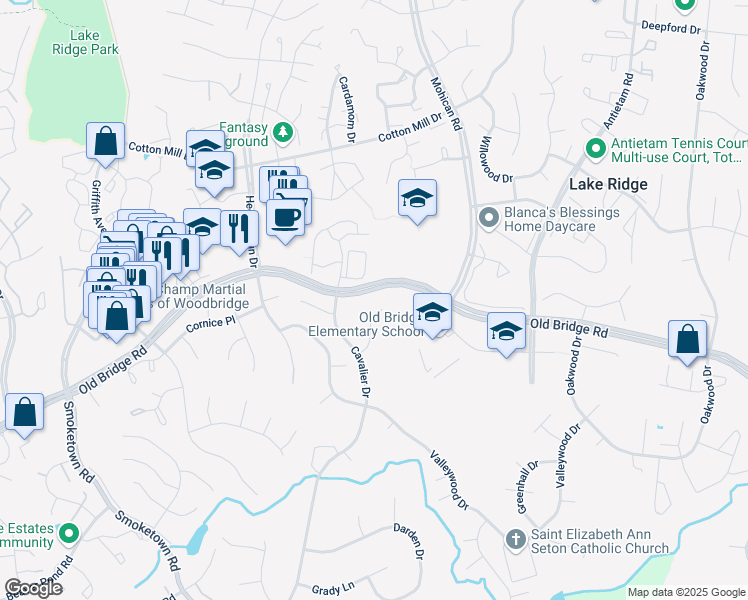 map of restaurants, bars, coffee shops, grocery stores, and more near 12504 Cassandra Court in Woodbridge
