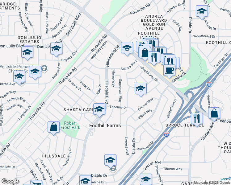 map of restaurants, bars, coffee shops, grocery stores, and more near 5008 Harebell Court in Sacramento