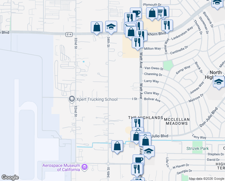 map of restaurants, bars, coffee shops, grocery stores, and more near 3349 I Street in North Highlands