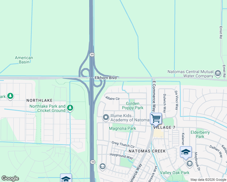 map of restaurants, bars, coffee shops, grocery stores, and more near 350 Allaire Circle in Sacramento