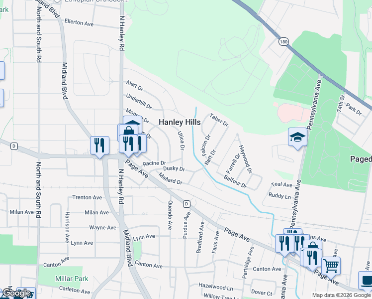 map of restaurants, bars, coffee shops, grocery stores, and more near 1913 Falcon Drive in St. Louis