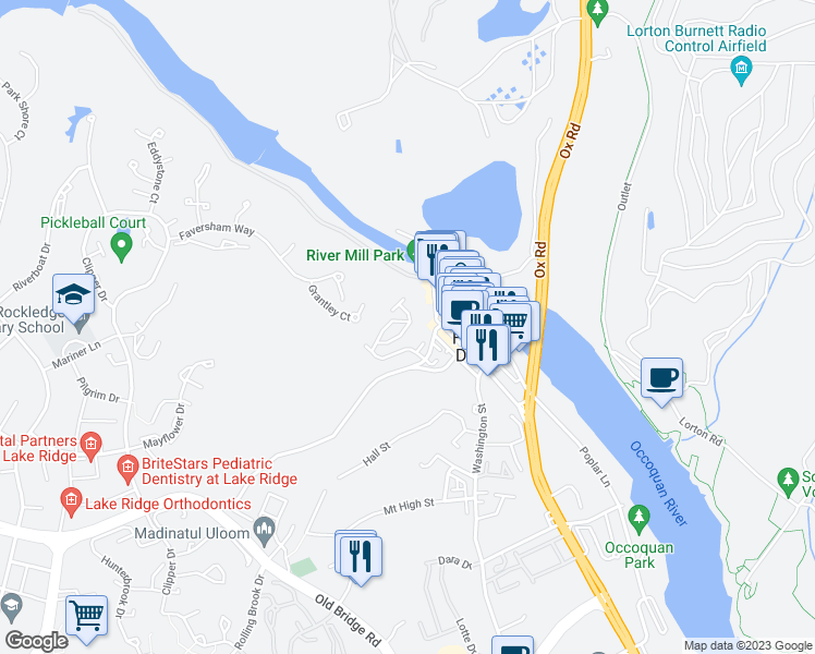 map of restaurants, bars, coffee shops, grocery stores, and more near 458 Overlook Drive in Woodbridge