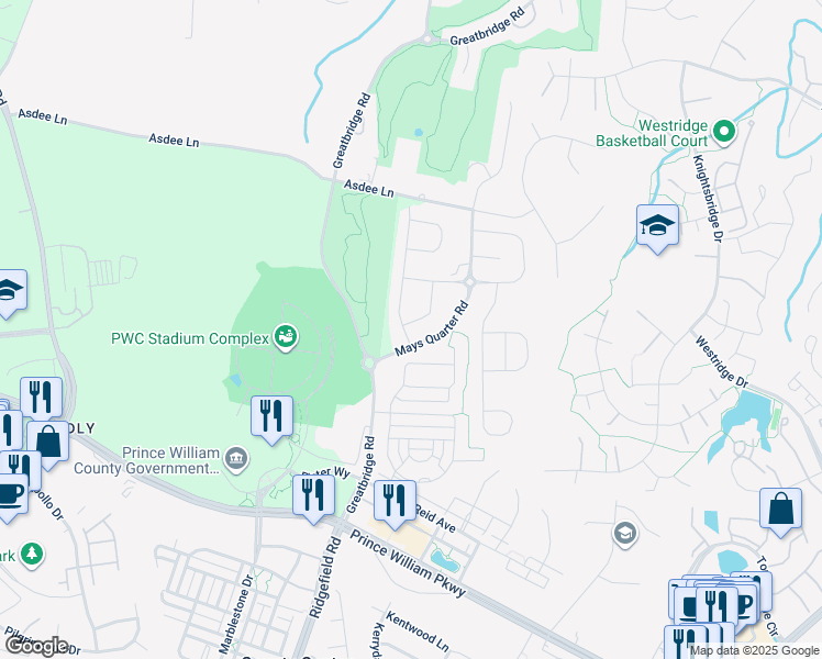 map of restaurants, bars, coffee shops, grocery stores, and more near 4637 Easterlin Way in Woodbridge