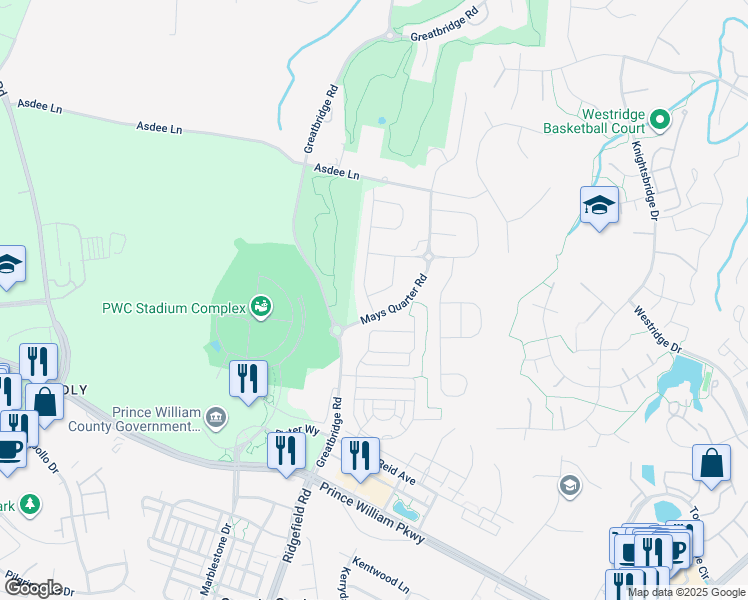 map of restaurants, bars, coffee shops, grocery stores, and more near 4637 Easterlin Way in Woodbridge