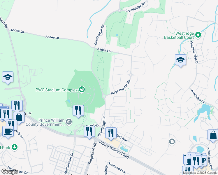 map of restaurants, bars, coffee shops, grocery stores, and more near 12466 Mays Quarter Road in Woodbridge