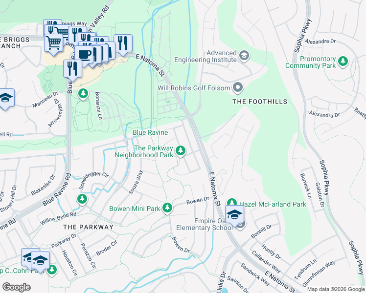 map of restaurants, bars, coffee shops, grocery stores, and more near 1202 Darling Way in Folsom