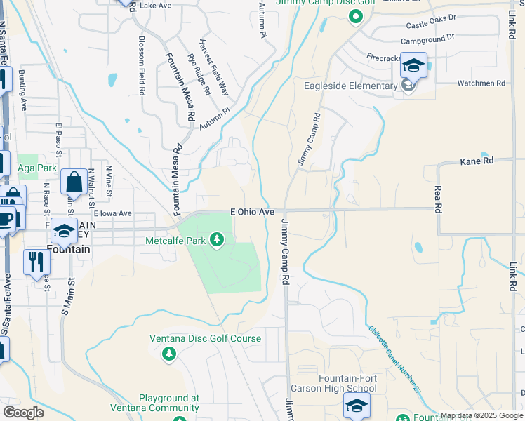 map of restaurants, bars, coffee shops, grocery stores, and more near 865 East Ohio Avenue in Fountain