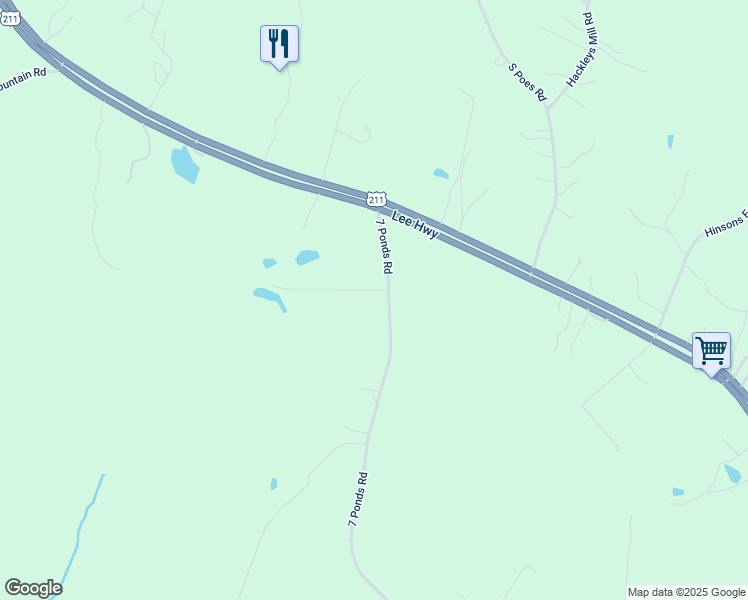 map of restaurants, bars, coffee shops, grocery stores, and more near 395 7 Ponds Road in Amissville