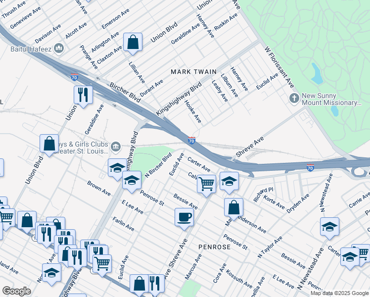 map of restaurants, bars, coffee shops, grocery stores, and more near N Euclid Ave & Kingshighway Blvd NE in St Louis